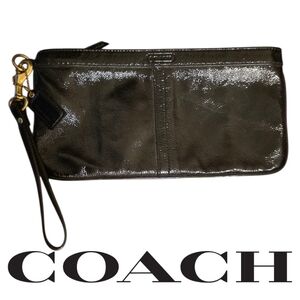 Coach Vintage Wristlet Clutch Black Shimmer Patent Leather Satin Lining